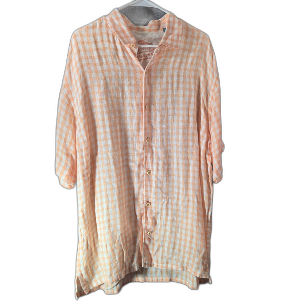 Tommy Bahama Linen Shirt Men's Size XL Orange Check Relax Loose Fit